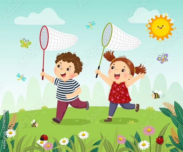 Obraz Vector illustration cartoon of happy kids catching bugs in the field.