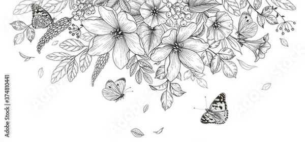 Obraz Hand Drawn  Wild Flowers  and  Flying Butterflies