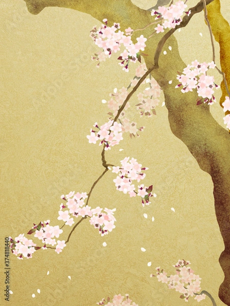 Obraz Cherry blossoms painted on gold leaf background