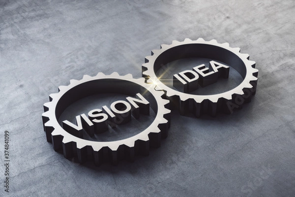 Fototapeta Two gears meshing together with text vision and idea