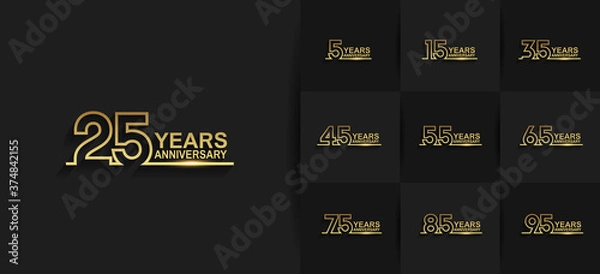 Fototapeta Anniversary set logotype style with golden color line art. vector design for template element, invitation, greeting card and celebration purpose