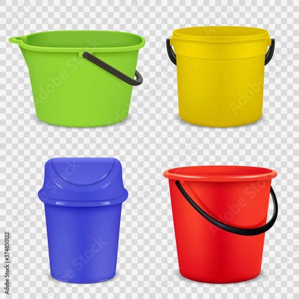 Fototapeta Realistic buckets. Metal and plastic material for water or garbage empty buckets vector 3d templates. Container equipment for gardening with handle illustration