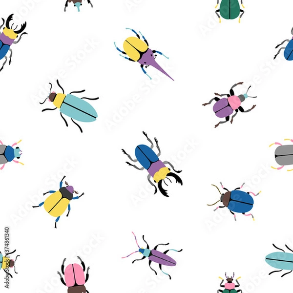 Fototapeta Colorful bugs seamless pattern. Cartoon cute insects of botanical icon set, vector illustration beetles of science of entomology isolated on white background