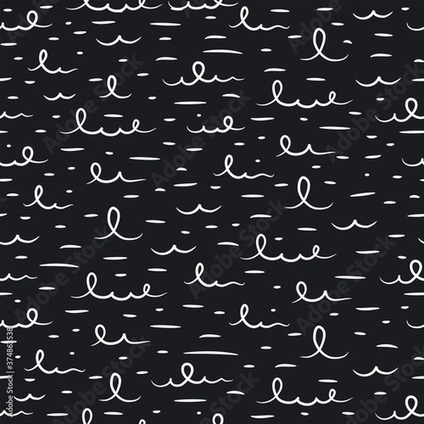 Fototapeta Water waves seamless pattern in stylized childish style. Black and white 