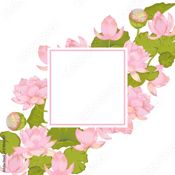 Fototapeta Vector lotus flower with leaves frame, pink tender template. Hand drawn illustration. Floral oriental spring background