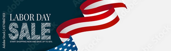 Fototapeta Baner sprzedaży Święto Pracy. Projekt nagłówka święta narodowego federalnego USA. Flaga amerykańska macha tło wstążki. Realistyczna ilustracja wektorowa.