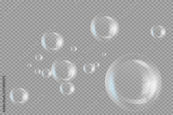 Obraz Realistic white water bubbles with reflection on transparent background. Vector illustration