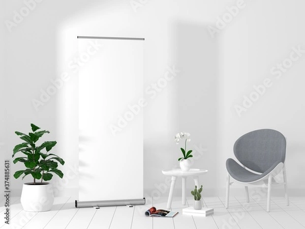 Obraz Roll Up Banner Stand Mockup w salonie. Renderowanie 3D.