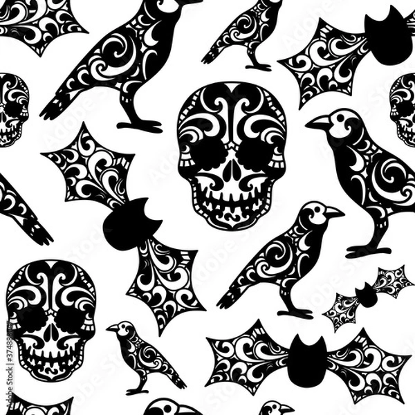 Obraz Halloween gothic tribal seamless pattern black drawing with skull, bats and raven