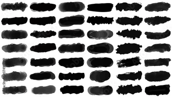 Fototapeta Brush strokes, black ink lines, vector abstract set with paint brush grunge texture on white background. Paintbrush strokes and ink smear stains
