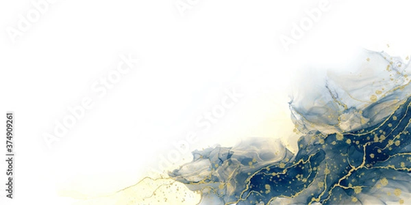 Fototapeta Abstract fluid art painting background alcohol ink technique deep blue and gold with text space for banner, background in luxury style.