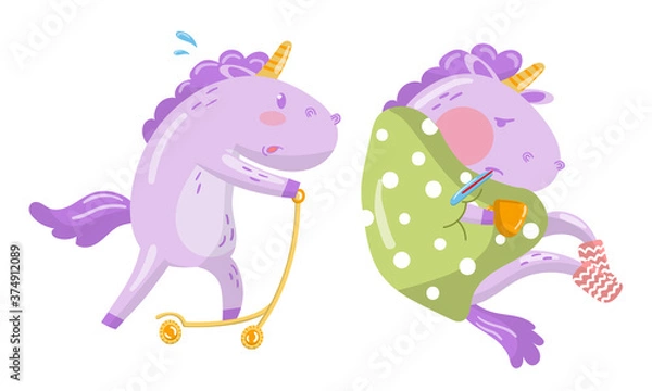 Fototapeta Funny Purple Unicorn Riding Scooter and Suffering from Fever Vector Illustration Set