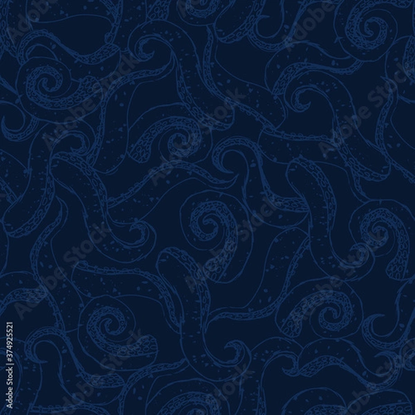 Fototapeta cartoon octopus tentacles on dark blue background seamless pattern, hand drawn thin lines silhouettes, editable vector illustration