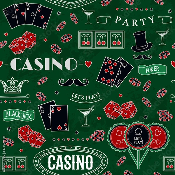 Fototapeta Casino theme. Seamless pattern with decorative elements on green texture cloth. Gambling symbols. Vintage vector illustration
