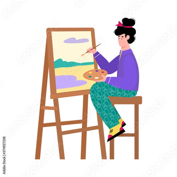 Fototapeta Beautiful painter artist woman sitting at easel and painting on canvas, cartoon vector illustration isolated on white background. Creative hobby and interests of people.