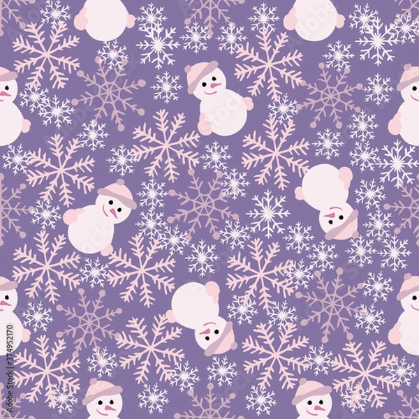 Fototapeta Snowflakes and snowman seamless pattern on purple background. Falling snow vector illustration. Winter Holiday wrapping and digital  paper.