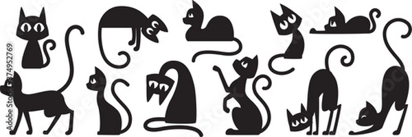Obraz Black cats silhouettes set for halloween and other. Vector cat shapes isolated on white background.