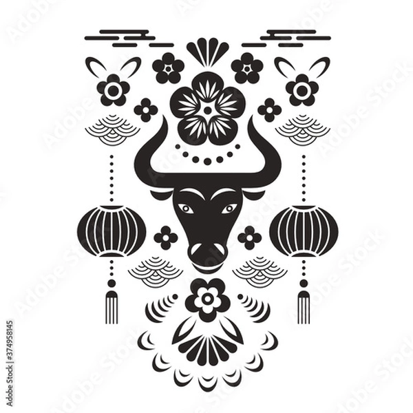Fototapeta Black and white Greeting card. Chinese Happy new year. Year of the bull. Head of the bull and floral decor elements, chinese ornaments in monohrome.	
