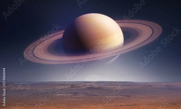 Fototapeta Krajobraz z saturn planetą na niebie z gwiazdami. Fantasy kosmiczna tapeta z planetą nad lądem. Science fiction. Elementy tego zdjęcia dostarczone przez NASA