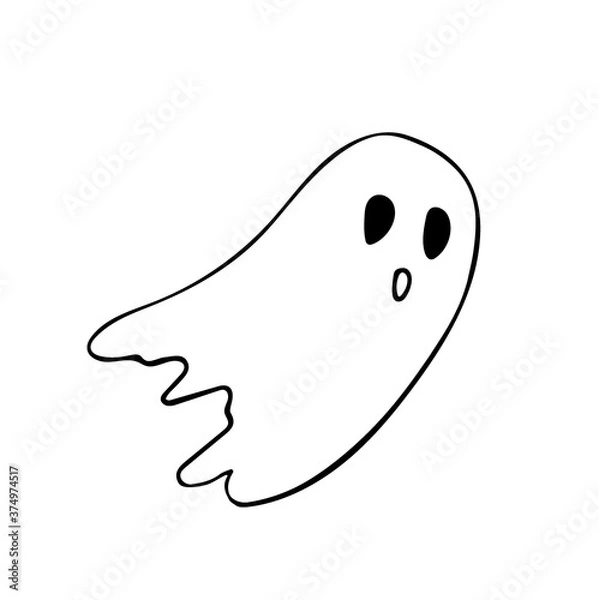 Fototapeta Ghost flying halloween doodle vector icon. Hand drawn halloween decor element illustration. Spooky ghost with black eyes silhouette design symbol. Funny monster sketch sign isolated drawing