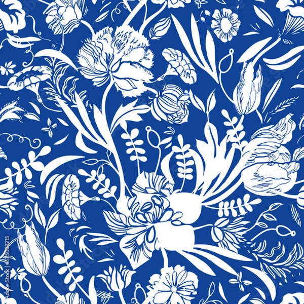 Fototapeta Vector classic royal porcelain blue royal hand drawn elegant floral seamless pattern with line art and cutout florals on blue background. Nature background. Surface pattern design.