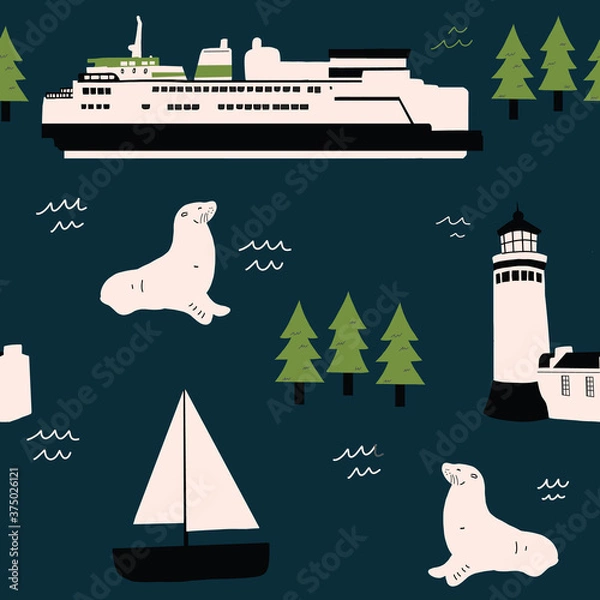 Obraz Pacific Northwest Ocean Pattern Seamless repeat hand drawn ferry seal and lighthouse pattern