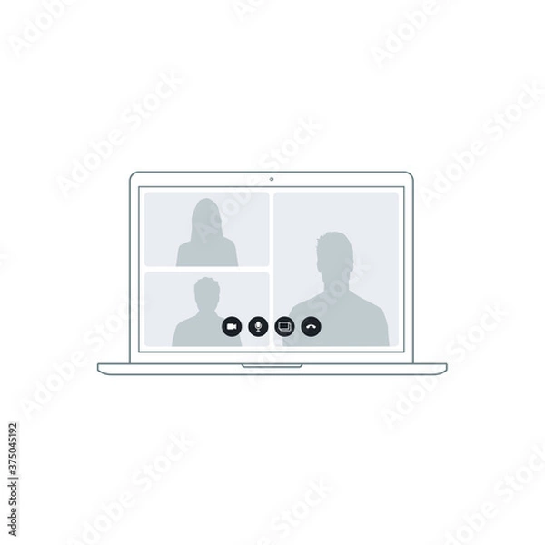 Obraz Video conference icon. People on computer screen. Home office in quarantine times. Digital communication. Internet teaching media.