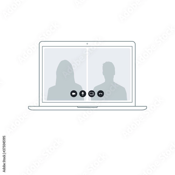 Obraz Video conference icon. People on computer screen. Home office in quarantine times. Digital communication. Internet teaching media.