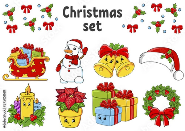 Fototapeta Set of stickers with cute cartoon characters. Christmas theme. Hand drawn. Colorful pack. Vector illustration. Patch badges collection. Label design elements. For daily planner, diary, organizer.