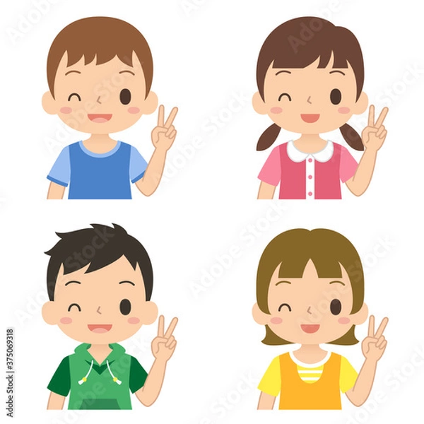 Fototapeta 笑顔でピースサインをする女の子と男の子　セット　子ども　イラスト