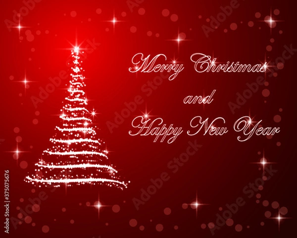 Fototapeta christmas card with christmas tree with lights and red background