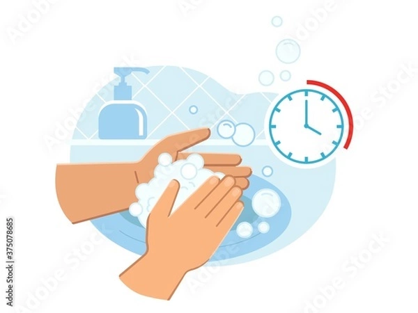 Obraz Person washing hands in sink carefully with soap foam from dispenser for 20-30 seconds to prevent coronavirus infection close up. Everyday hygiene essentials. Safety during COVID-19 pandemia.