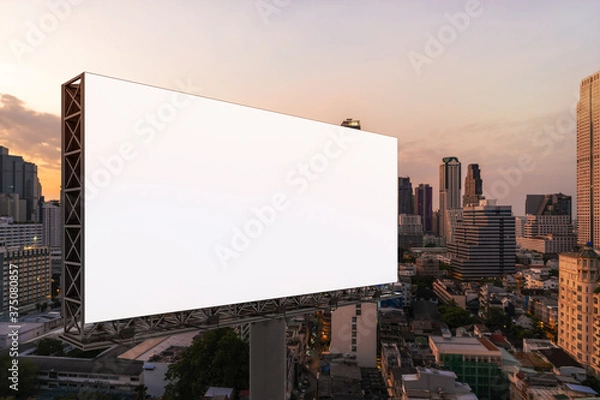 Fototapeta Blank white road billboard with Bangkok cityscape background at sunset. Street advertising poster, mock up, 3D rendering. Side view. The concept of marketing communication to promote or sell idea.