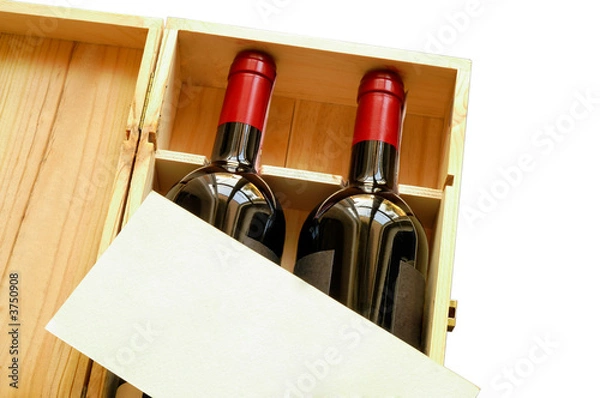 Fototapeta Wood gift box with wine bottles and card with clipping path