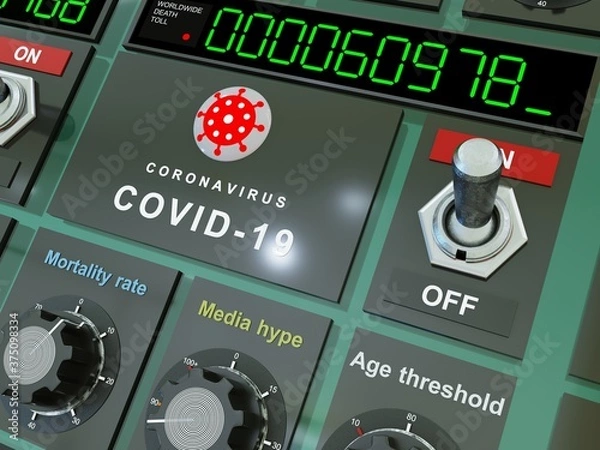 Fototapeta Remote control of the coronavirus. Concept of artificial origin of the virus. Digital display with the number of deaths. Regulators of mortality rate, media hype and age threshold. Conspiracy theory
