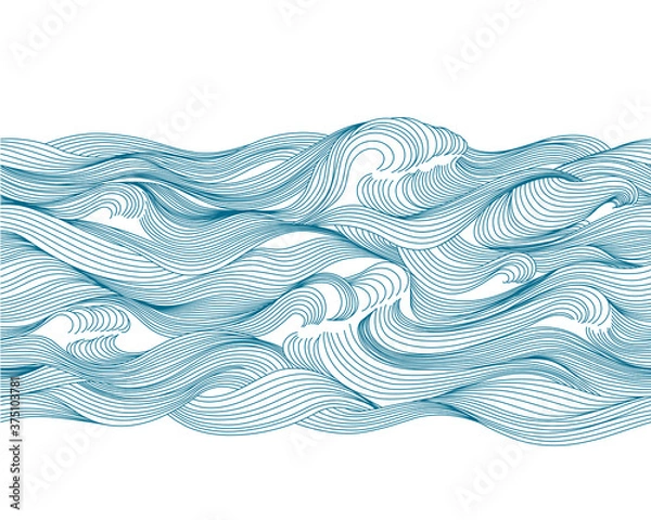 Fototapeta Seamless pattern sea, waves, water. Hand drawing by line. Isolated on white background