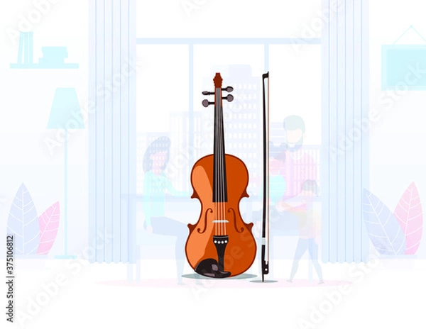 Fototapeta Family taking Violin classes online at home during the pandemic time.  