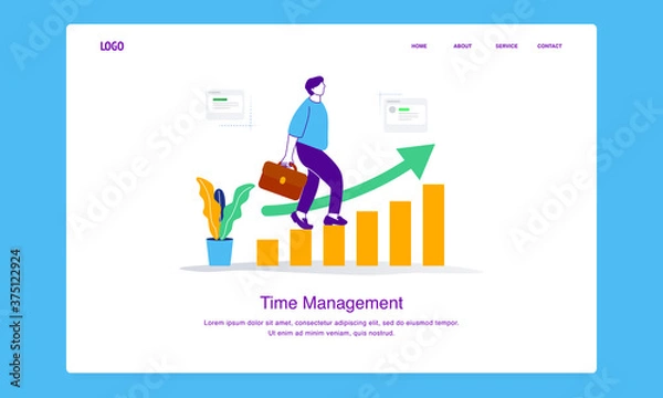 Fototapeta Modern  time management illustration concept of man walking on a bar chart showing improvement for landing page template