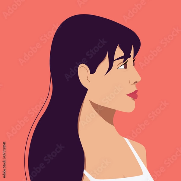 Fototapeta Asian girl flat color vector character. Portrait of beautiful woman with black long hair. Avatar. Face side view. Model look in profile isolated cartoon illustration for web fashion graphic design