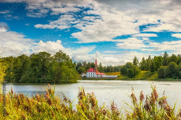 Obraz Summer landscape with a lake in the park, Priory Palace on the Black Lake in Gatchina Park, Russia
