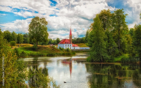 Obraz Summer landscape with a lake in the park, Priory Palace on the Black Lake in Gatchina Park, Russia