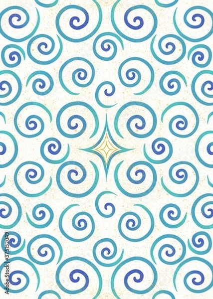 Fototapeta seamless pattern with blue waves and gold elements 