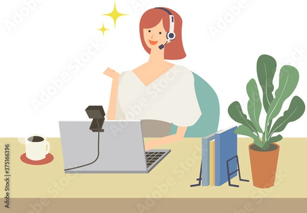 Obraz パソコンでオンライン英会話をしている女性のベクターイラスト