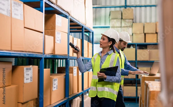 Fototapeta Waman warehouse staff checking stock with bar code scanner