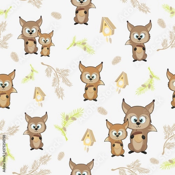 Fototapeta Pattern with whites on a white background. Seamless background with forest squirrel and cones