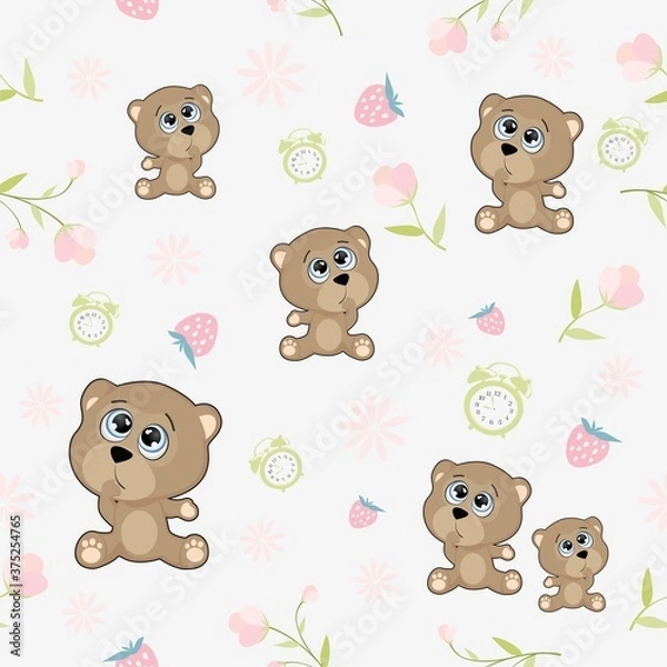 Fototapeta Small bears on a seamless light background. Vector pattern with a bear for children
