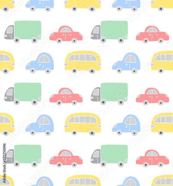 Obraz Vector seamless pattern of different color hand drawn doodle sketch car isolated on white background