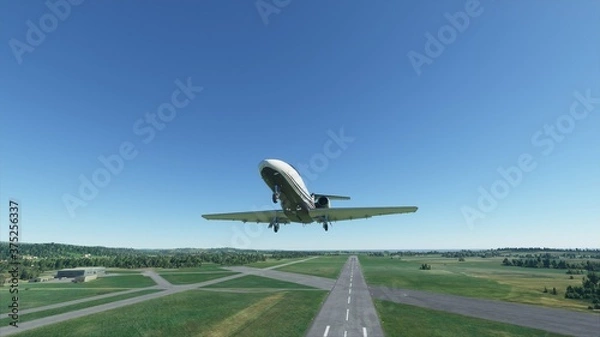 Obraz An airplane in the sky over Brazil, a jet over Brazil, an airplane flies over meadows and forests, an airplane over the ground. Photorealistic 3D render.
