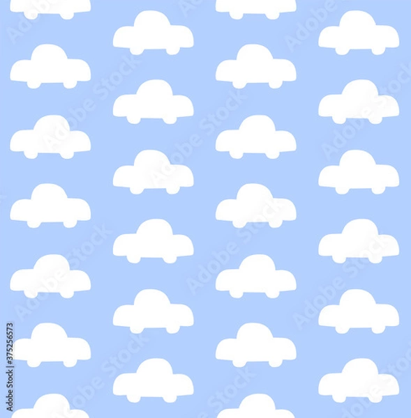 Fototapeta Vector seamless pattern of white hand drawn doodle sketch car silhouette isolated on blue background