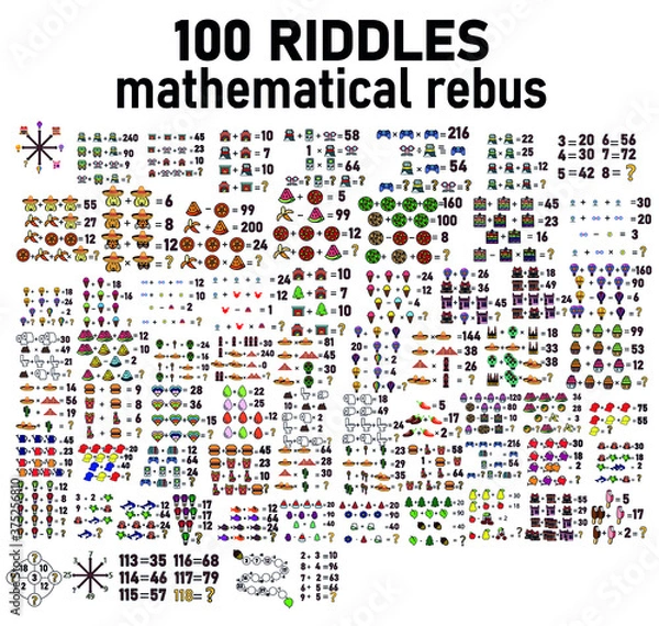 Fototapeta Set of riddle.Mathematical puzzles. rebus for children and adults. count numbers. Mathematic riddle for the mind. Riddle with numbers. Vector